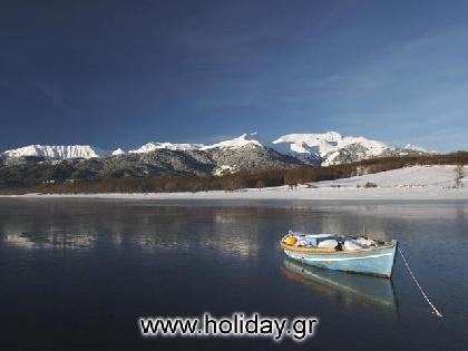 The white mountainous area of the lake