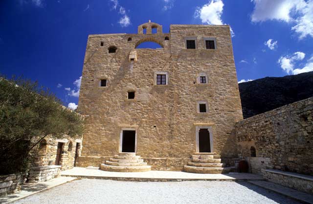 Bazeos Tower It is located on the 12th km of the main road linking the Chora of Naxos with the interior. It was built circa 1600 and served as a monastery of the Holy Cross until the beginning of the 19th century, when it was abandoned by the last monks and devolved upon the then emergent Hellenic State. 