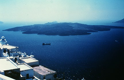 Santorini volcano Volcano view from Fira. On the left Agios Minas church.